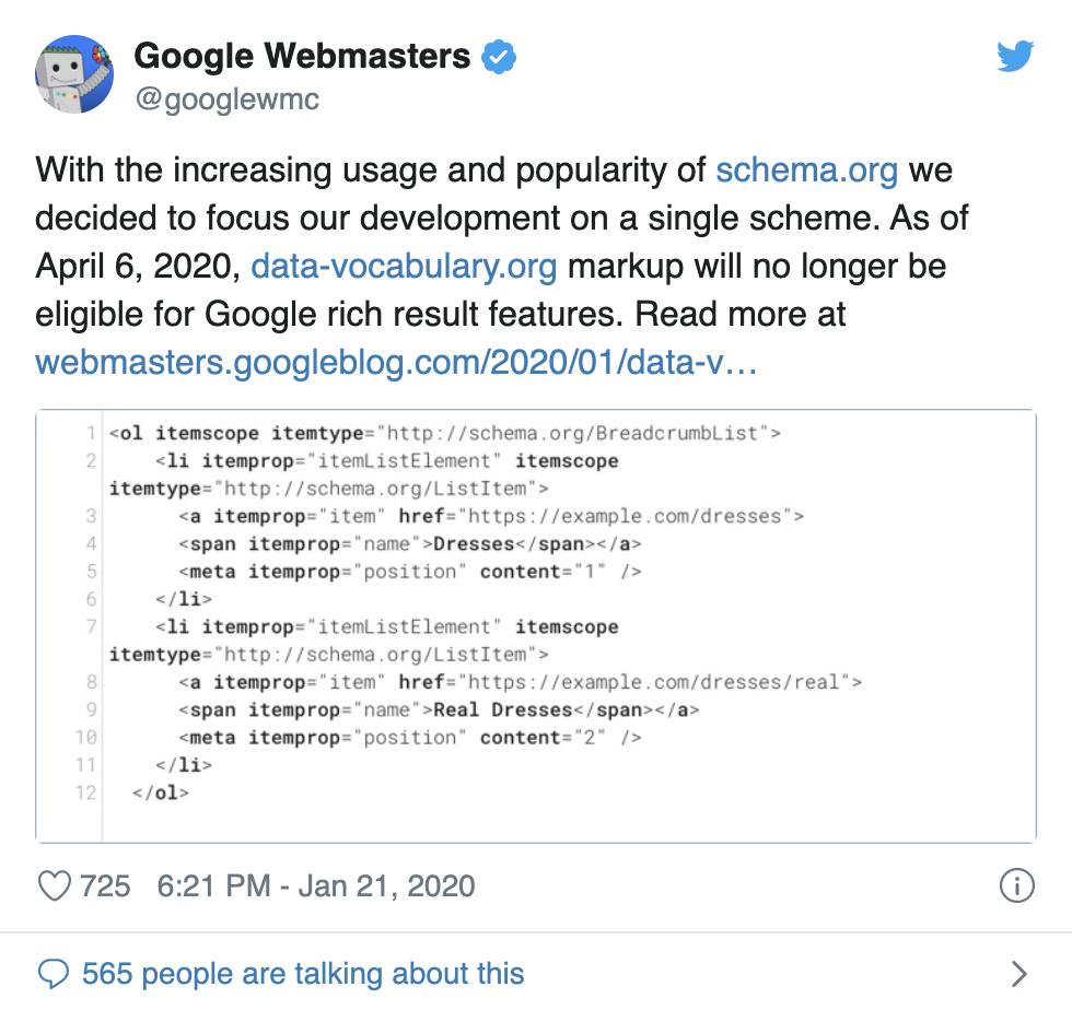 Google 将不再支持 Data-vocabulary.org 的结构化数据
